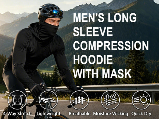 Roadbox Men's Compression Shirt Hoodie with Mask, Long Sleeve Workout Athletic Base Layer, Sports Gym Running Undershirt Top