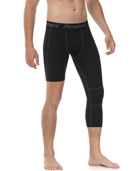 Roadbox Men's One Leg Compression Pants Tights, 3/4 Basketball Leggings, Capri Athletic Sports Base Layer
