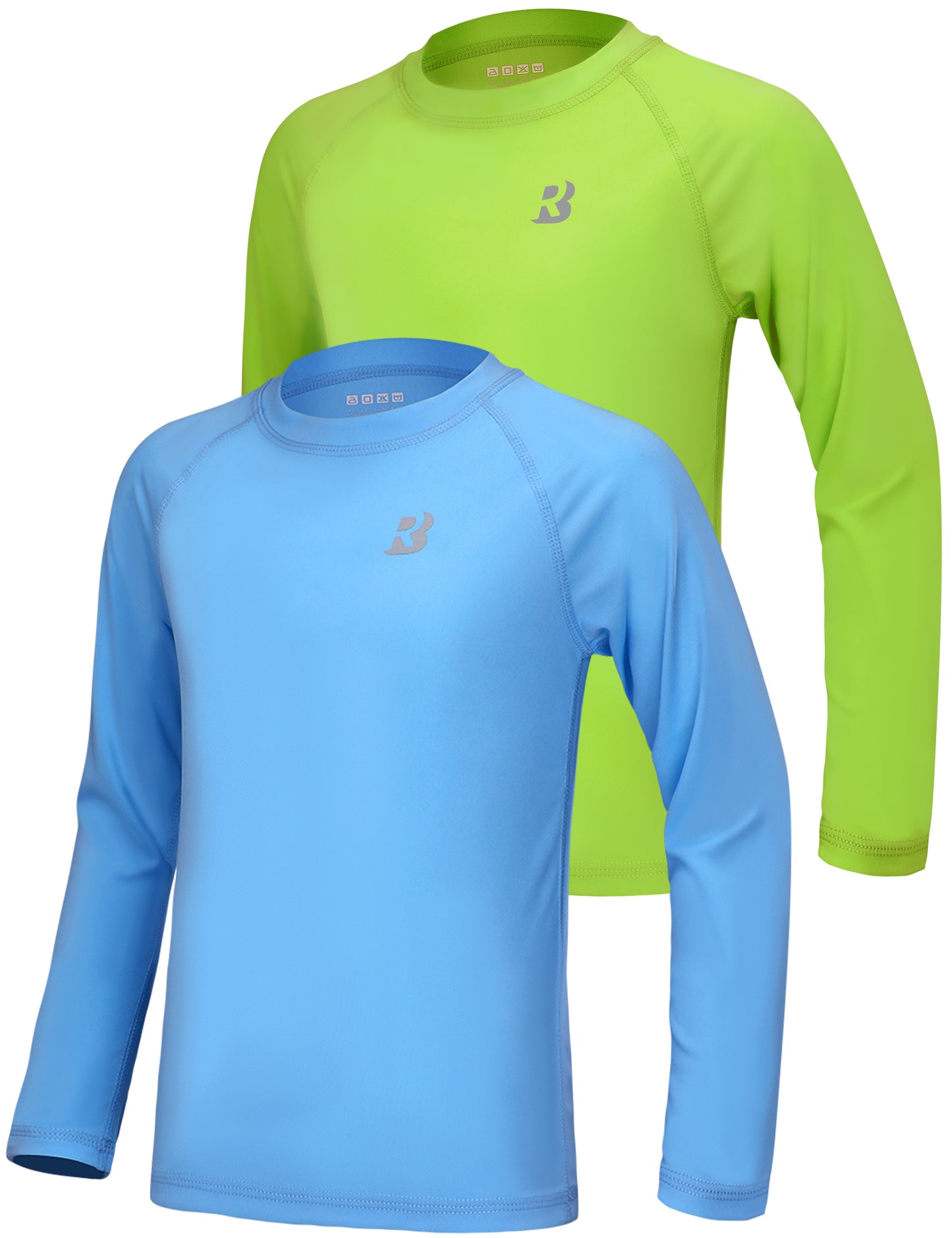 Roadbox Boys UPF 50+ Rash Guard Swim Shirt, 2 Pack Sun Protection Long Sleeve Shirts, Athletic UV Beach Rashguard for Kids