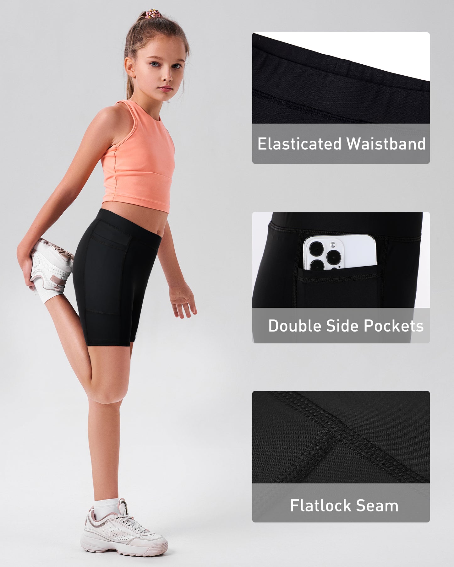 Roadbox Girls Volleyball Compression Shorts, Kids Spandex Biker Shorts with Pockets, Athletic Short for Yoga Gymnastics Dance