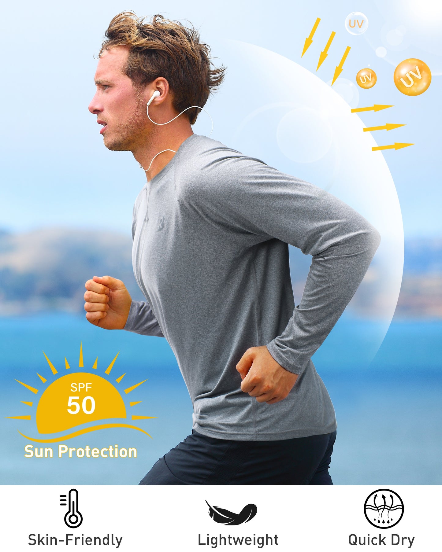 Roadbox Mens UPF 50+ UV Sun Protection Long Sleeve Shirts Rash Guard for Fishing Hiking Swimming Running