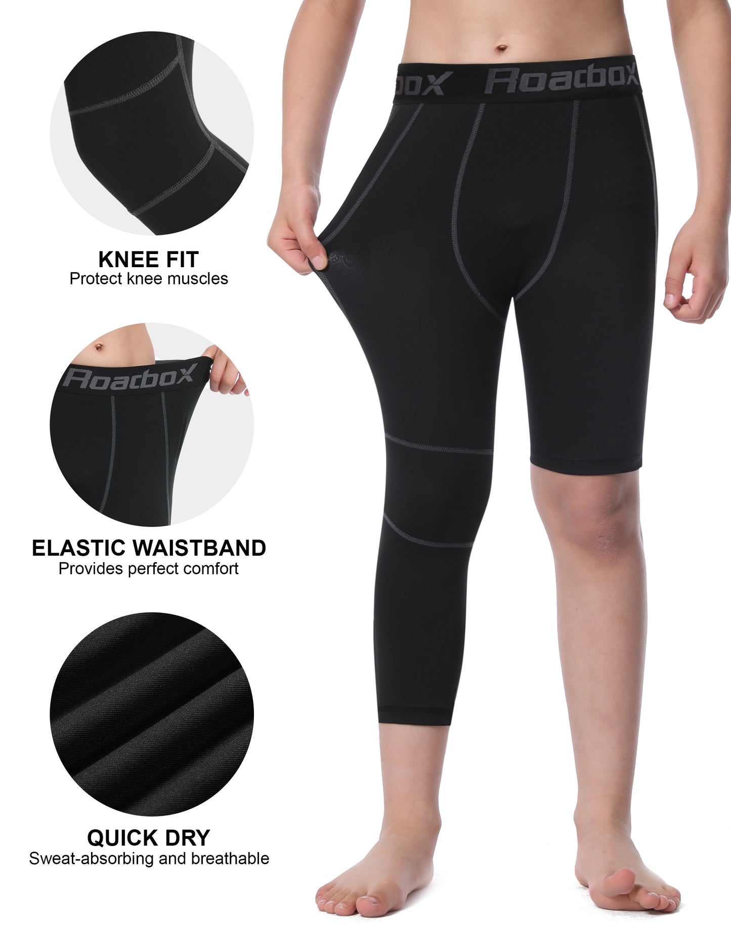 Roadbox Boys One Leg 3/4 Compression Pants 2 Pack - Basketball Tights for Gym Athletic Base Layer Leggings