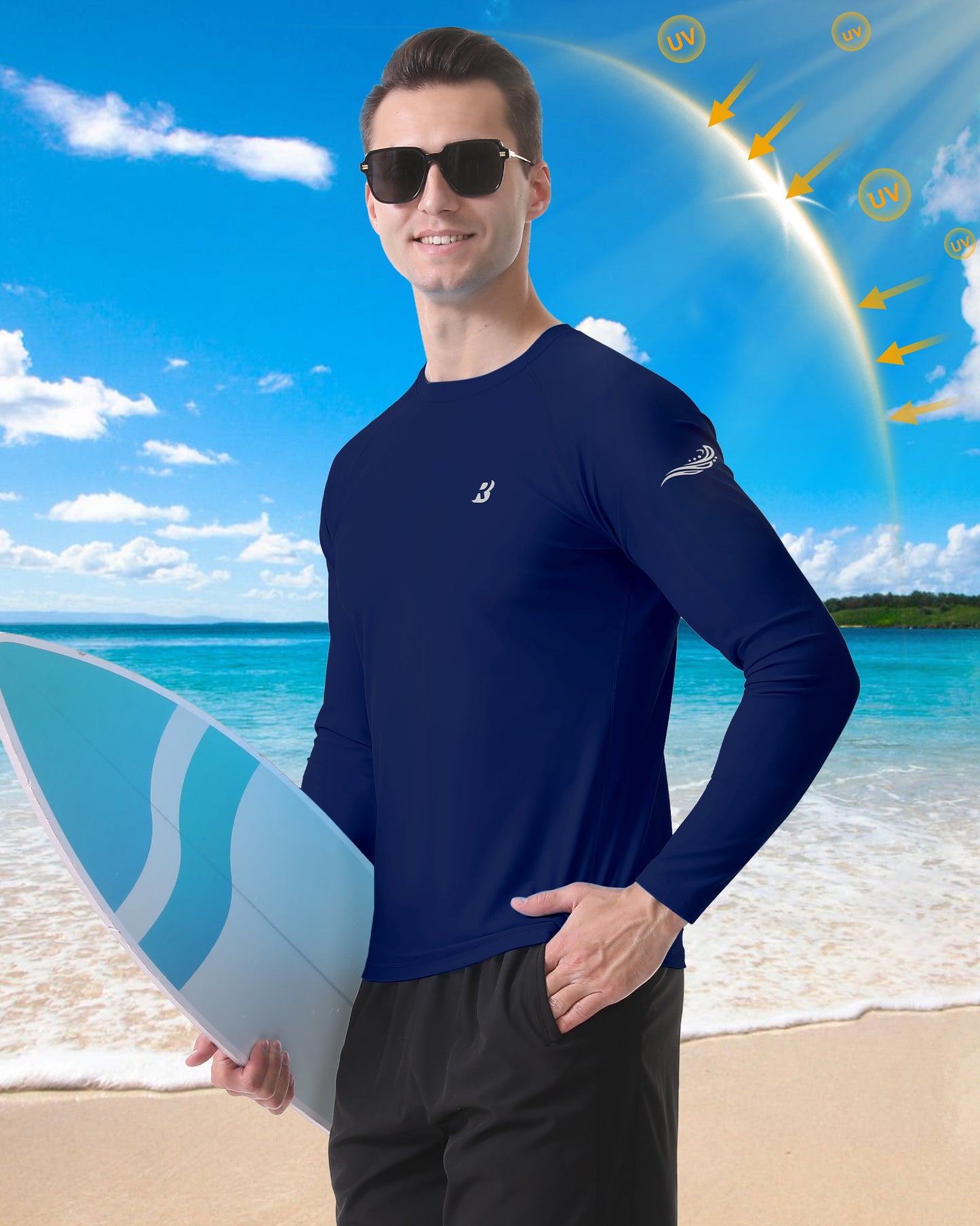 Roadbox Mens UPF 50+ Rash Guard, Long Sleeve Sun Protection Swim Shirt, Quick Dry Fishing Shirts for Beach Surfing Hiking