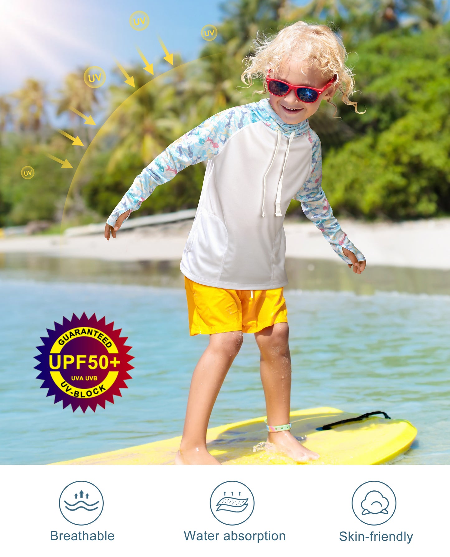 Roadbox Sun Shirts for Kids - Long Sleeve UPF50+ Sun Protection Shirts Hooded Swimsuits for Kids Fishing Surfing Hiking Outdoor Sports