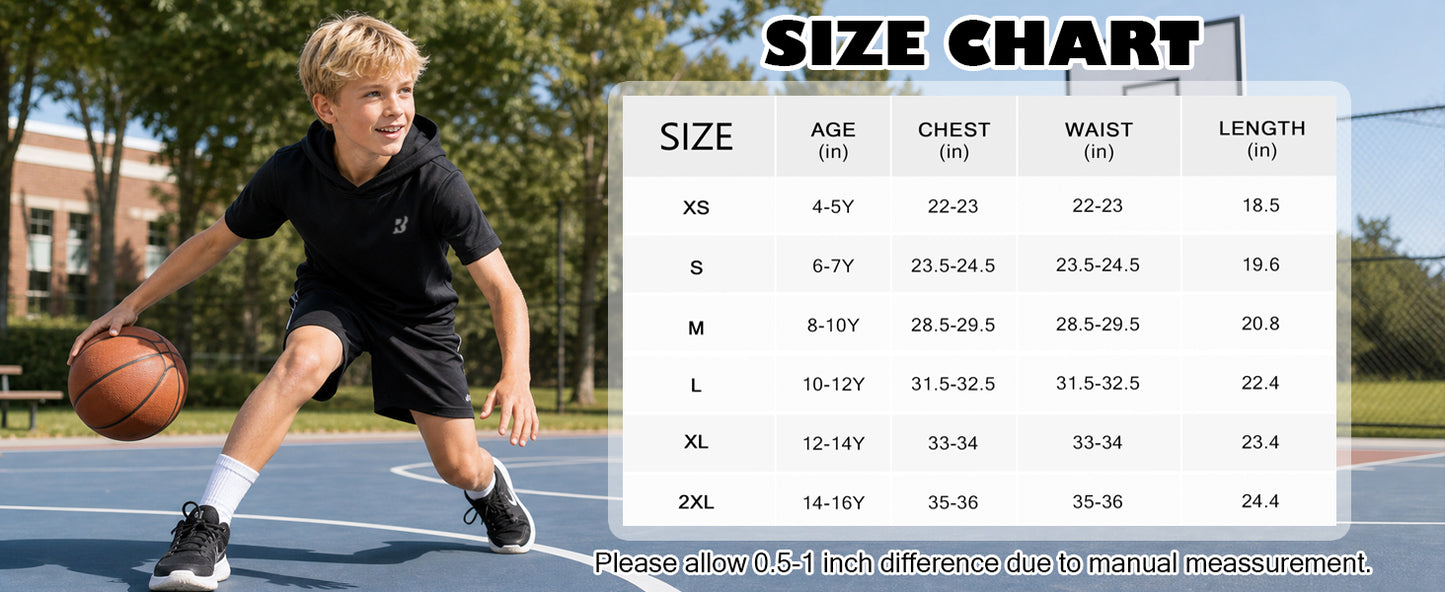 Roadbox Boys Short Sleeve Hoodie, Youth Lightweight Athletic Hooded T Shirt