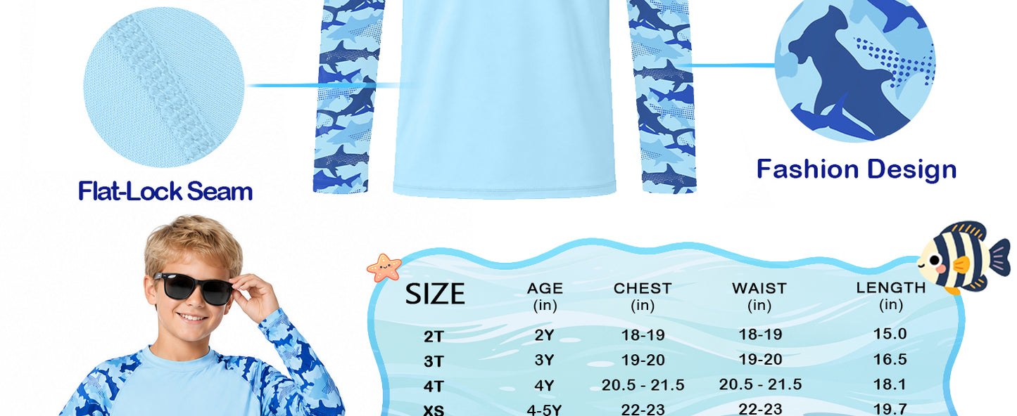 Roadbox Boys' Rash Guard Long Sleeve, UPF 50+ Toddler Kids Youth Swim Shirt