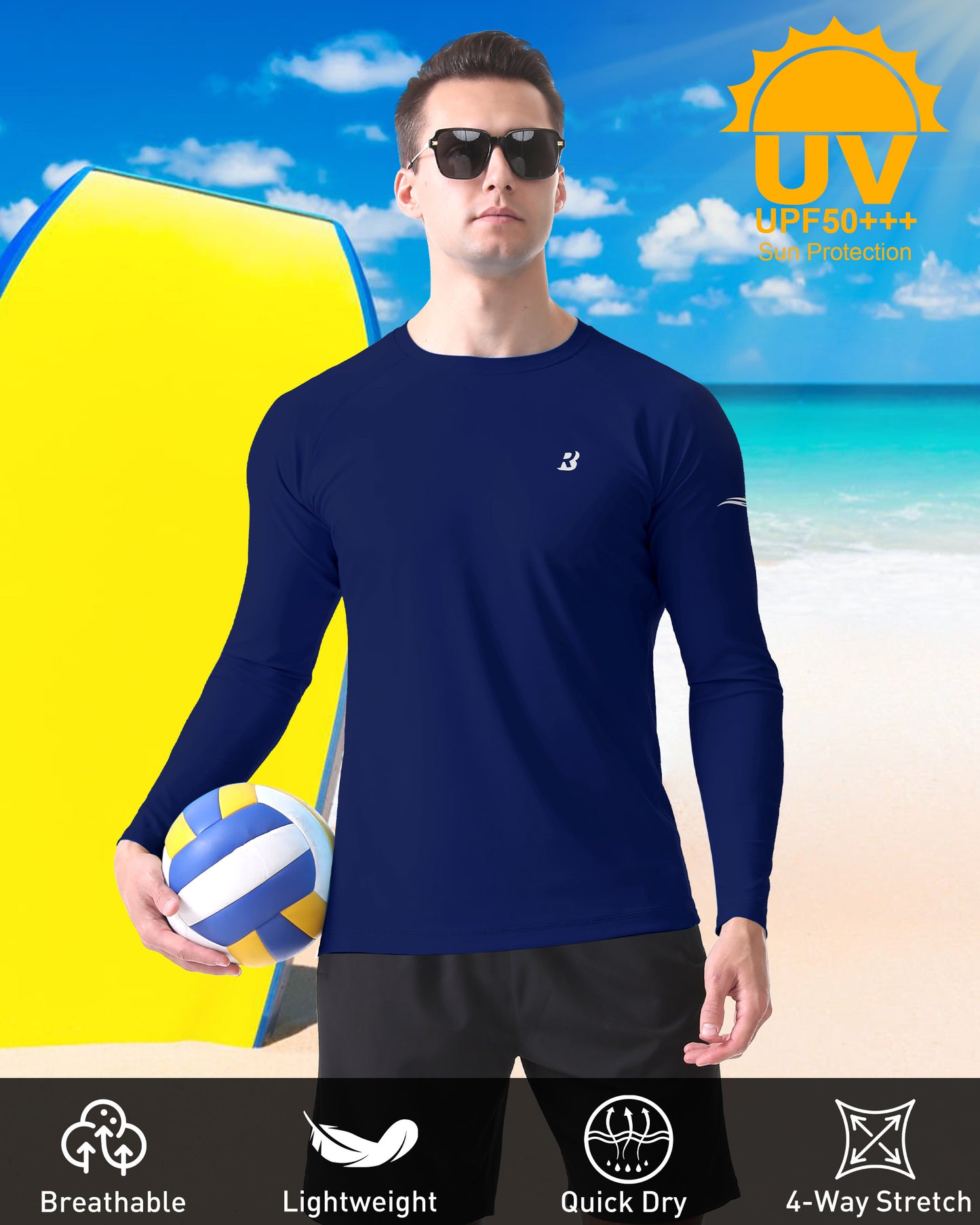 Roadbox Mens UPF 50+ Rash Guard, Long Sleeve Sun Protection Swim Shirt, Quick Dry Fishing Shirts for Beach Surfing Hiking