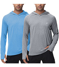 Roadbox Mens Long Sleeve Sun Shirts, 2 Pack UPF 50+ UV Protection Hoodie Shirt for Fishing Hiking Running Workout Swim
