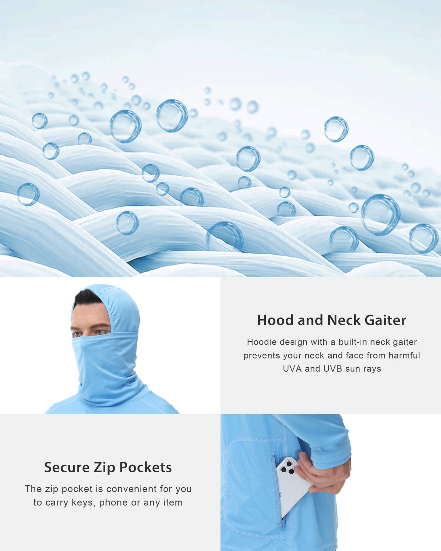 Roadbox Men's Sun Protection Hoodie Rash Guard Hiking Shirts with Face Mask Lightweight Long Sleeve UV Shirt for Outdoor Workout, Running, Fishing, Hiking