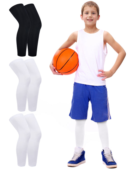 Roadbox Kids Leg Sleeve, 3 Pairs Non-Slip UV Protection Thigh Calf Support Long Compression Leg Sleeves for Youth Boys Girls Basketball Football Running Sport