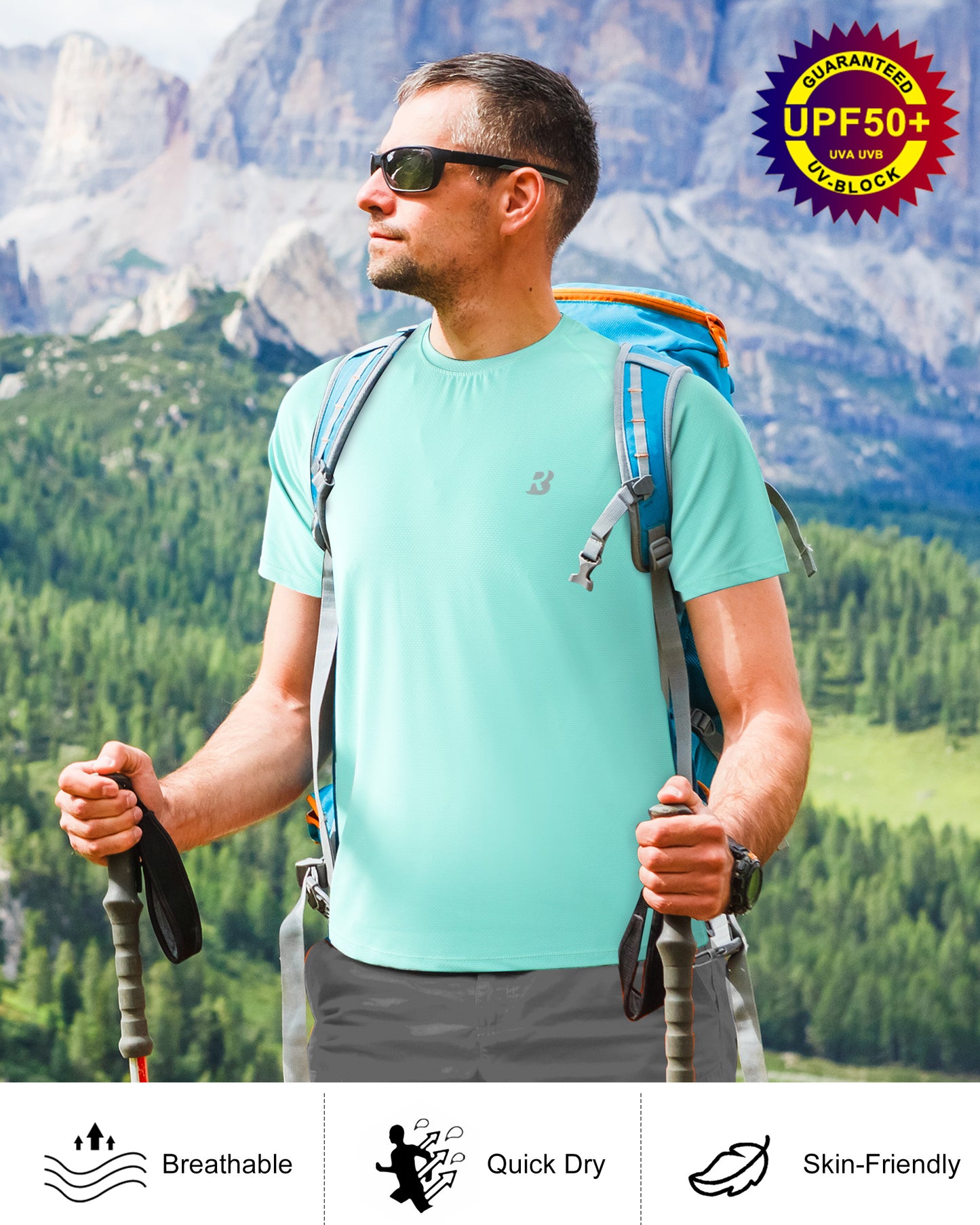 Roadbox Men's Rash Guard Short Sleeve, UPF 50+ UV Sun Protection Water T-Shirts, Cool Dry Swim Shirts for Surf Beach Fishing