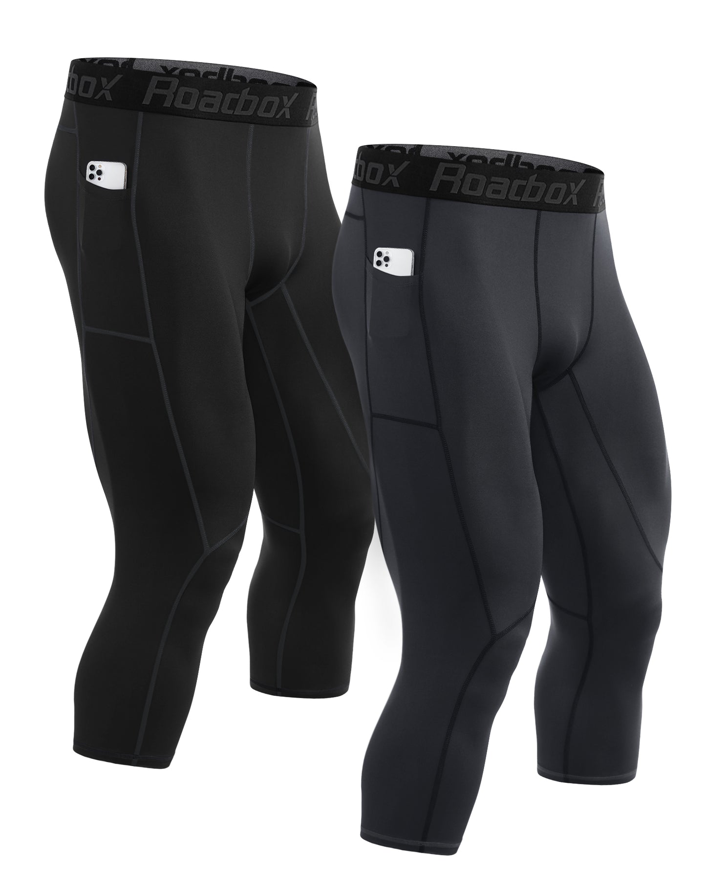 Roadbox 3/4 Compression Pants Mens with Pockets Running Base Layer Legging Tights Athletic