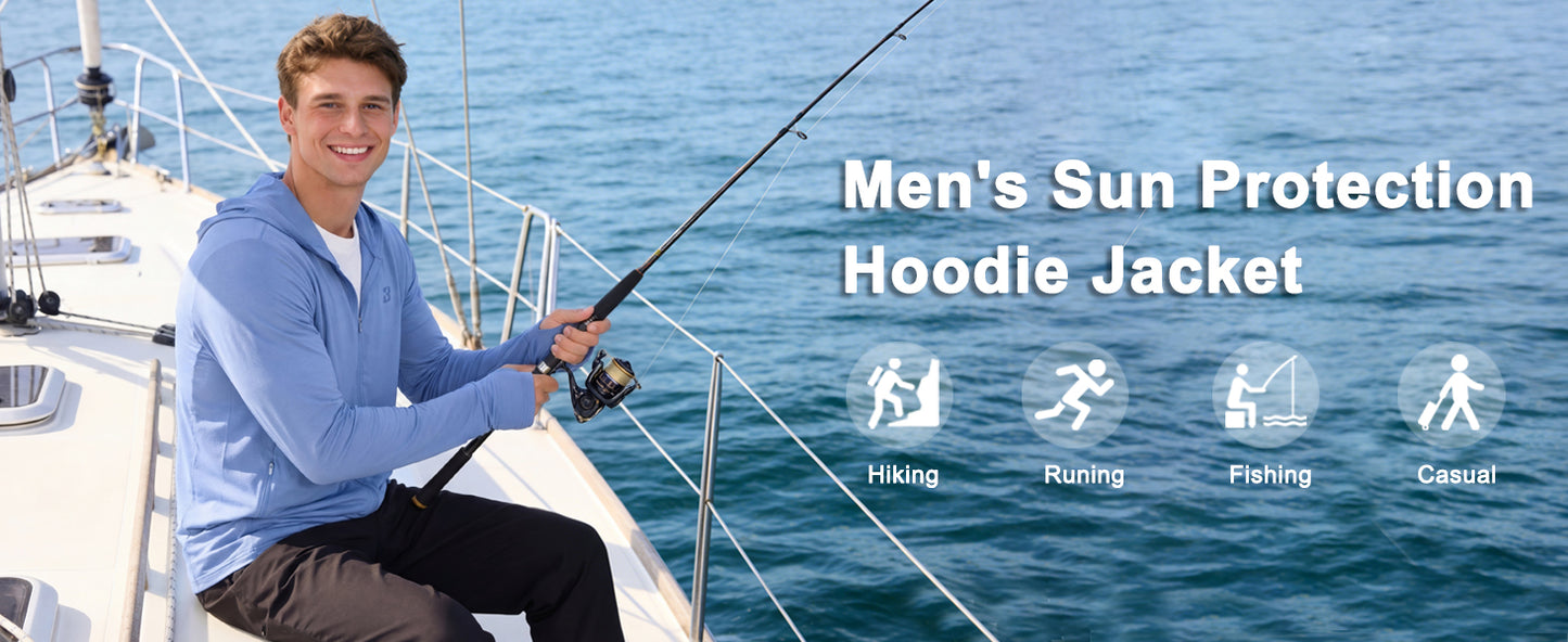 Roadbox Men's UPF 50+ Sun Hoodie Jacket, Full Zip UV Protection Long Sleeve Shirt, Lightweight Breathable for Fishing Hiking