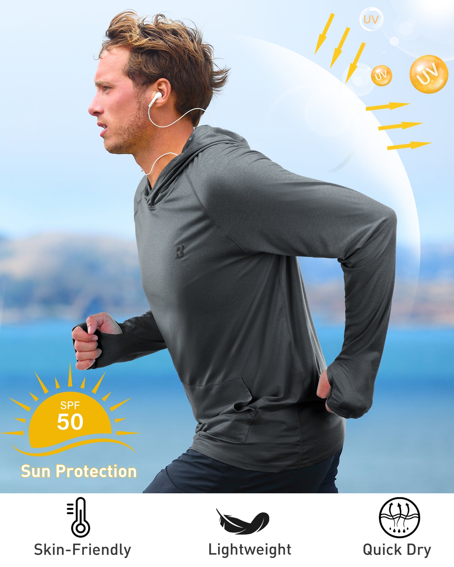 Roadbox UPF 50+ Mens Long Sleeve Fishing Shirts, Sun Protection Athletic Hoodies with Pocket, Outdoor Running Rash Guard