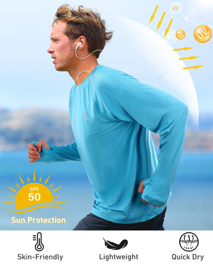 Roadbox UPF 50+ Mens Swim Shirts, Long Sleeve Sun Protection Fishing Rash Guard, Quick Dry UV Hiking Shirt with Thumbhole