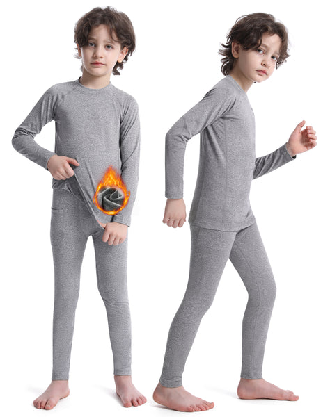 Roadbox Youth Thermal Underwear Sets - Fleece Lined Base Layer Top & Bottoms Soft Underwears for Cycling Black