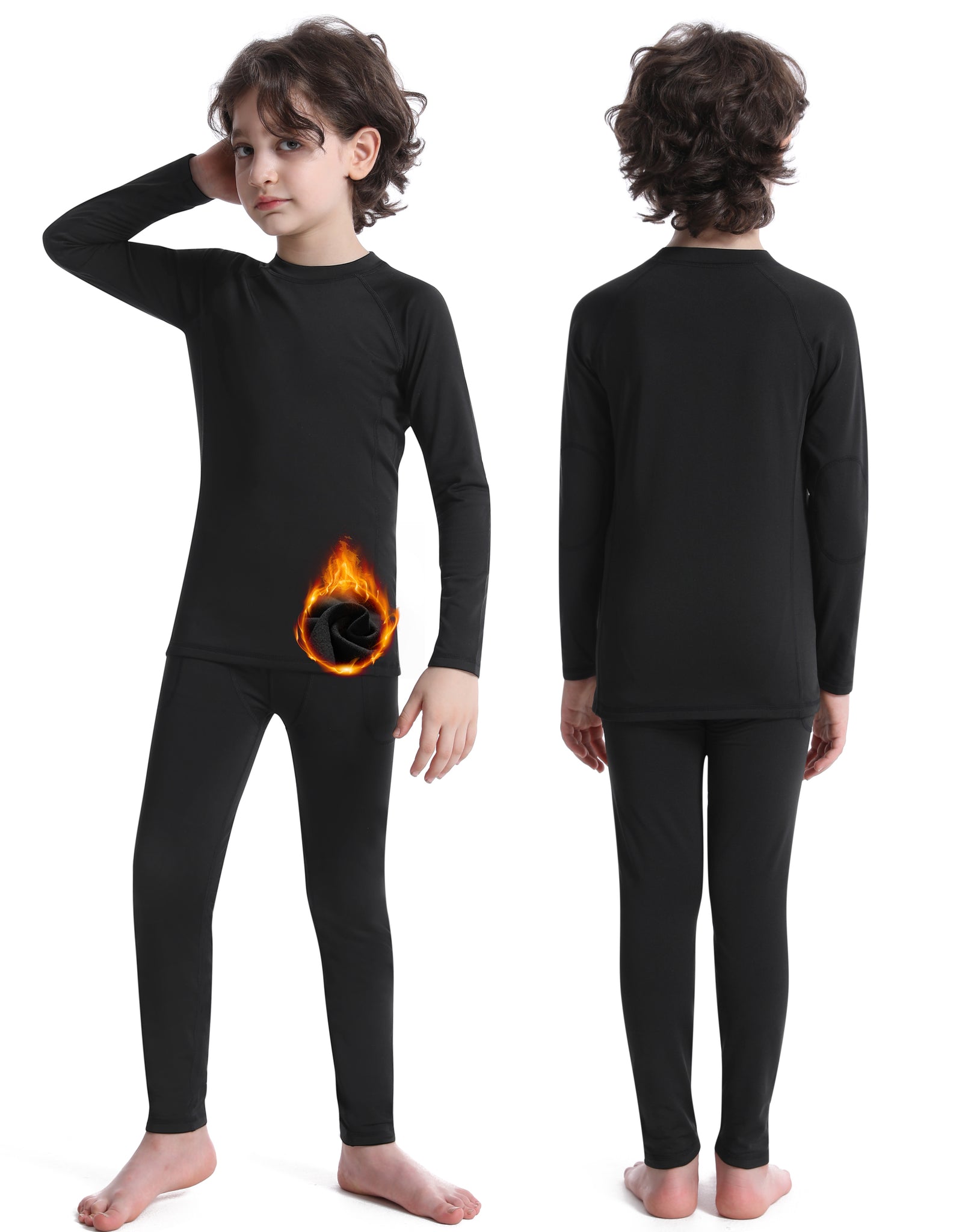 Roadbox Youth Thermal Underwear Sets - Fleece Lined Base Layer Top & Bottoms Soft Underwears for Cycling Black