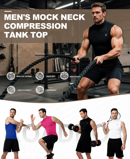 Roadbox Men's Compression Tank Top, Mock Turtleneck Sleeveless Shirt, Fitted Athletic Base Layer for Gym Workout