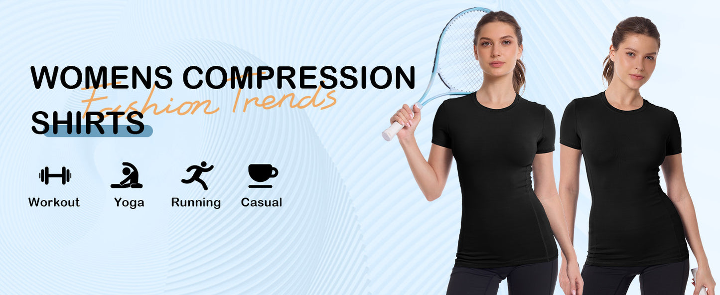 Roadbox Women's Compression Shirt, Slim Fit Short Sleeve Athletic Top, Workout Undershirt for Gym and Yoga
