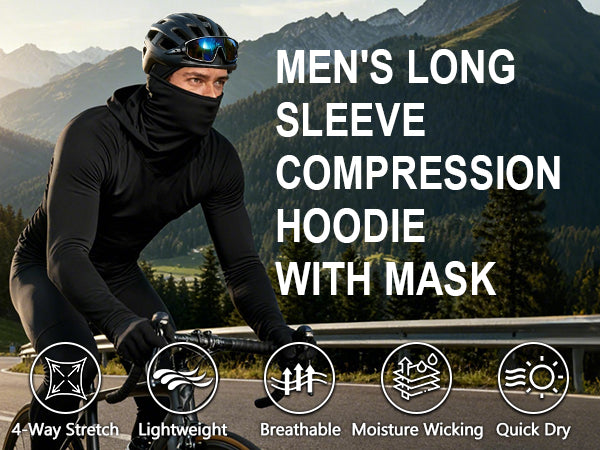 Roadbox Men's Compression Shirt Hoodie with Mask, Long Sleeve Workout Athletic Base Layer, Sports Gym Running Undershirt Top
