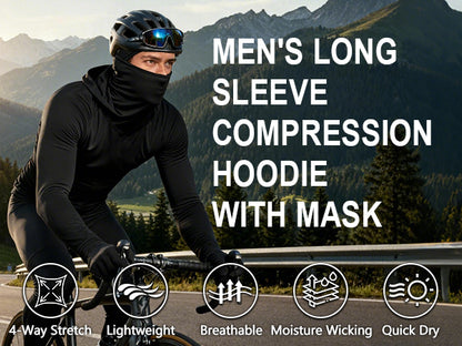 Roadbox Men's Compression Shirt Hoodie with Mask, Long Sleeve Workout Athletic Base Layer, Sports Gym Running Undershirt Top