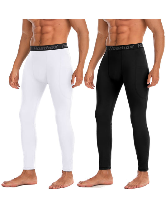 Roadbox 1/2 Pack Thermal Compression Pants for Men Fleece Lined Football Running Tights Base Layer Leggings with Pockets