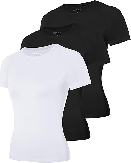 Roadbox Women's Compression Shirts, 1/3 Pack Short Sleeve Workout Tops Athletic Gym T-Shirt Yoga Running Quick Dry Base Layer