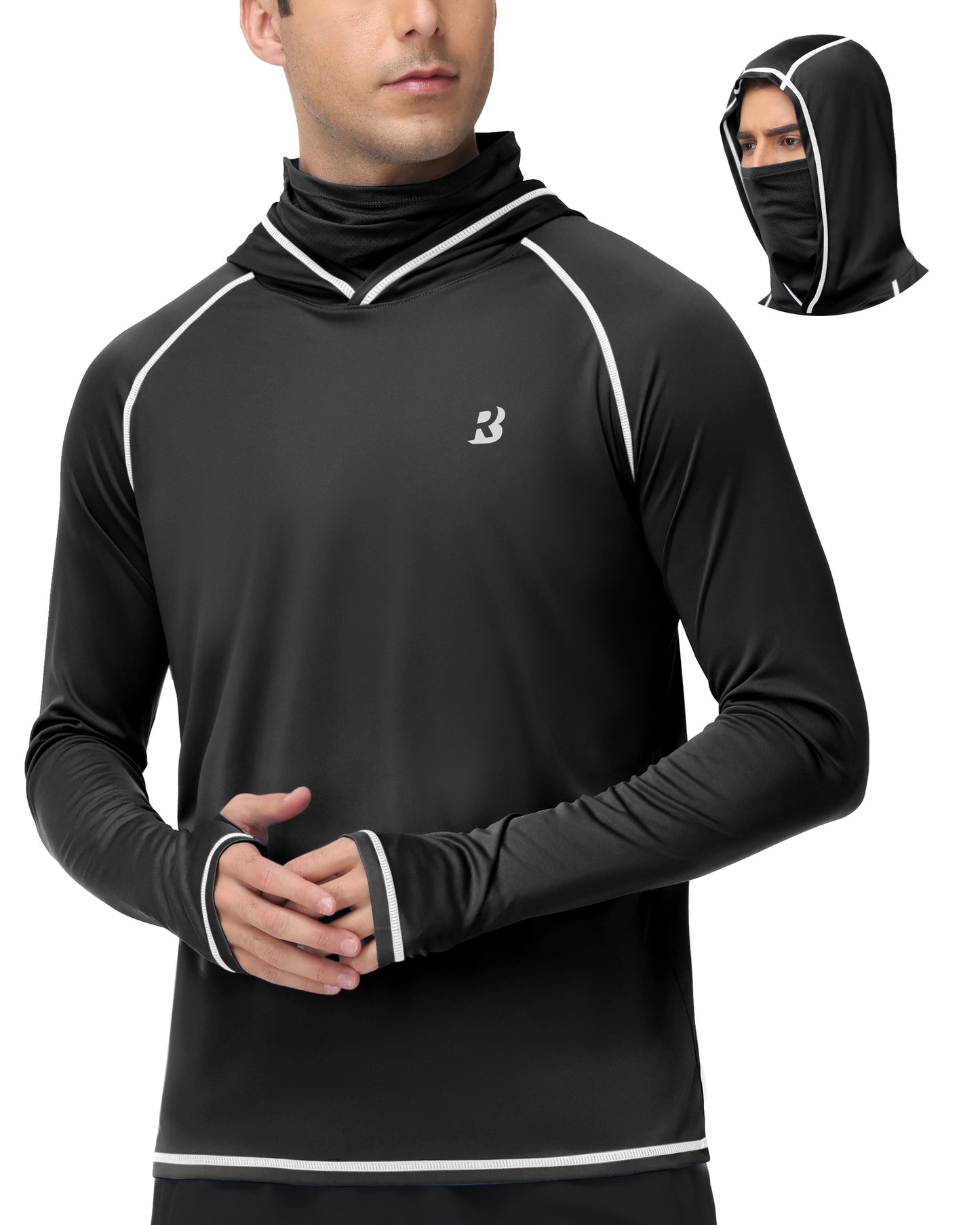 Roadbox Men's Sun Hoodie with Mask, UPF 50+ Long Sleeve Fishing Shirts, UV Outdoor Swim Hiking Running Workout Rash Guard