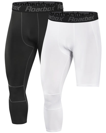 Roadbox 2 Pack Men's 3/4 One Leg Compression Pants - Basketball Athletic Running Tights Leggings Spandex Base Layer Underwear