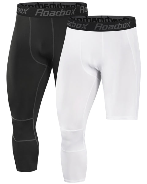 Roadbox 2 Pack Men's 3/4 One Leg Compression Pants - Basketball Athletic Running Tights Leggings Spandex Base Layer Underwear