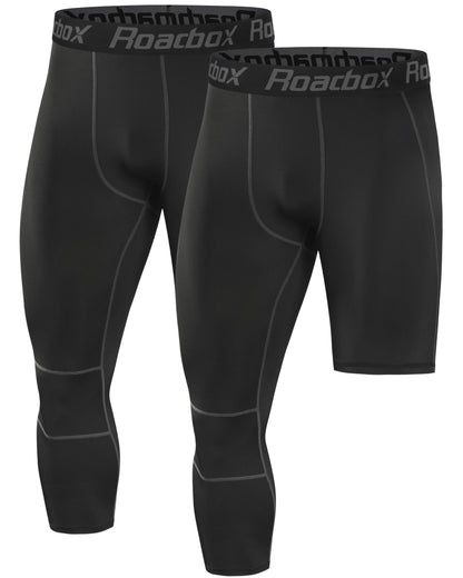 Roadbox 2 Pack Men's 3/4 One Leg Compression Pants - Basketball Athletic Running Tights Leggings Spandex Base Layer Underwear