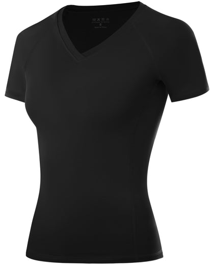 Roadbox Women's Compression Shirt Short Sleeve V Neck Workout Tops Quick Dry Athletic Gym Base Layer for Yoga Running Sports