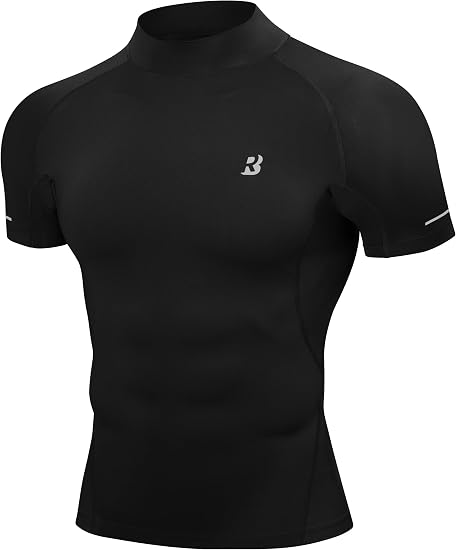 Roadbox Men's Mock Turtleneck Compression Shirt Short Sleeve Base Layer