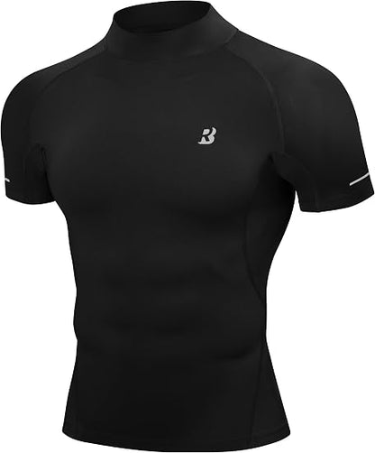 Roadbox Men's Mock Turtleneck Compression Shirt Short Sleeve Base Layer