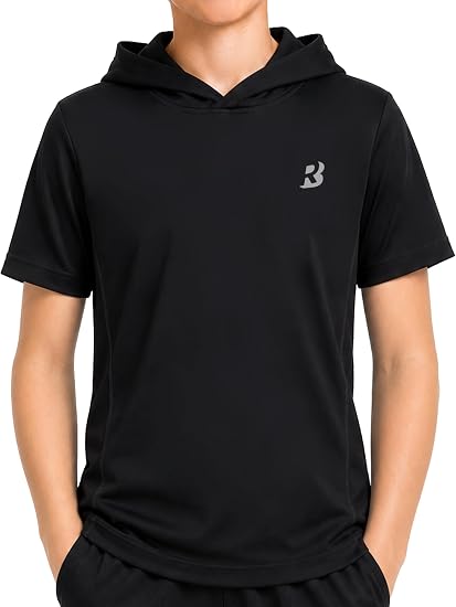 Roadbox Boys Short Sleeve Hoodie, Youth Lightweight Athletic Hooded T Shirt