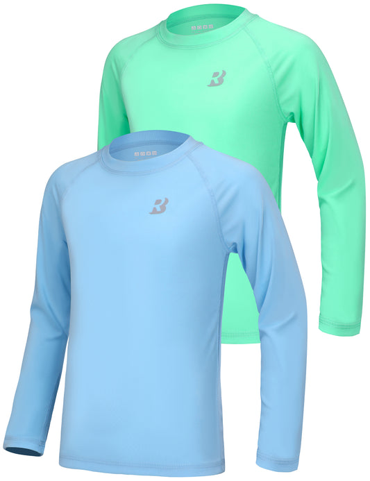 Roadbox Boys UPF 50+ Rash Guard Swim Shirt, 2 Pack Sun Protection Long Sleeve Shirts, Athletic UV Beach Rashguard for Kids