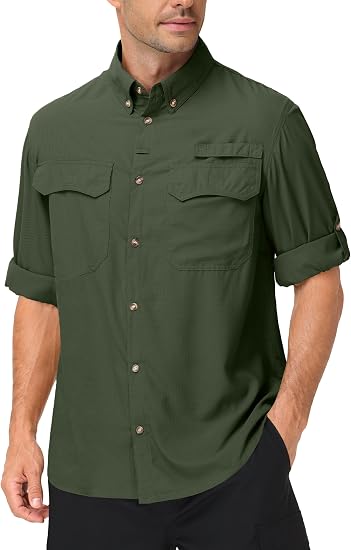 Roadbox Mens Long Sleeve Fishing Shirts, UPF 50+ Sun Protection Button Up
