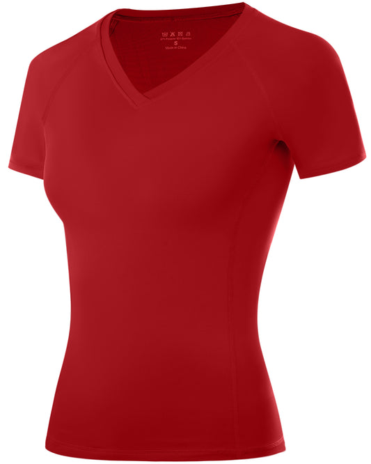 Roadbox Women's Compression Shirt Short Sleeve V Neck Workout Tops Quick Dry Athletic Gym Base Layer for Yoga Running Sports