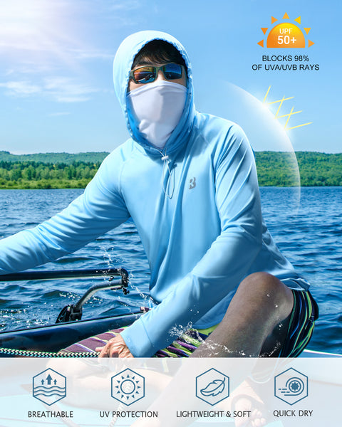 Roadbox Mens Waterproof UPF 50+ Fishing Hoodie Shirt with Mesh Face Mask - Long Sleeve UV Sun Protection Thumbholes Diving Rash Guard for Outdoor Hiking Fishing