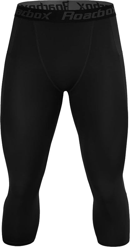 Roadbox Men's 3/4 Compression Pants, Running Workout Tights Leggings