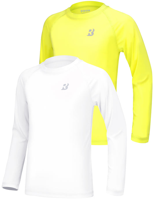 Roadbox Boys UPF 50+ Rash Guard Swim Shirt, 2 Pack Sun Protection Long Sleeve Shirts, Athletic UV Beach Rashguard for Kids