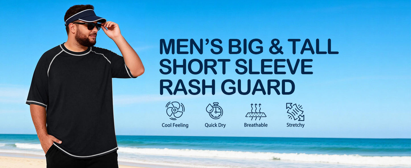 Roadbox Mens Big and Tall Swim Shirt, UPF 50+ Short Sleeve Rash Guard, UV Sun Protection Quick Dry Water T-Shirts for Beach