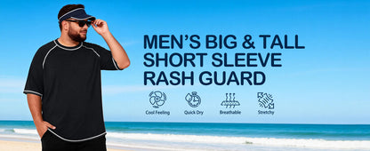 Roadbox Mens Big and Tall Swim Shirt, UPF 50+ Short Sleeve Rash Guard, UV Sun Protection Quick Dry Water T-Shirts for Beach