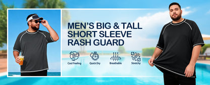Roadbox Mens Big and Tall Swim Shirt, UPF 50+ Short Sleeve Rash Guard, UV Sun Protection Quick Dry Water T-Shirts for Beach