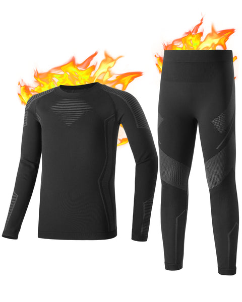 Roadbox Youth Thermal Underwear Sets - Fleece Lined Base Layer Top & Bottoms Soft Underwears for Cycling Black