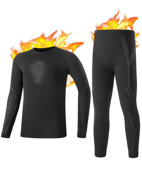 Roadbox Youth Thermal Underwear Sets - Fleece Lined Base Layer Top & Bottoms Soft Underwears for Cycling Black