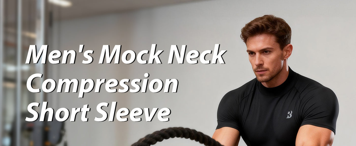 Roadbox Men's Compression Shirt, Mock Turtleneck Short Sleeve Athletic Undershirt, Quick Dry Base Layer Top for Gym Workout