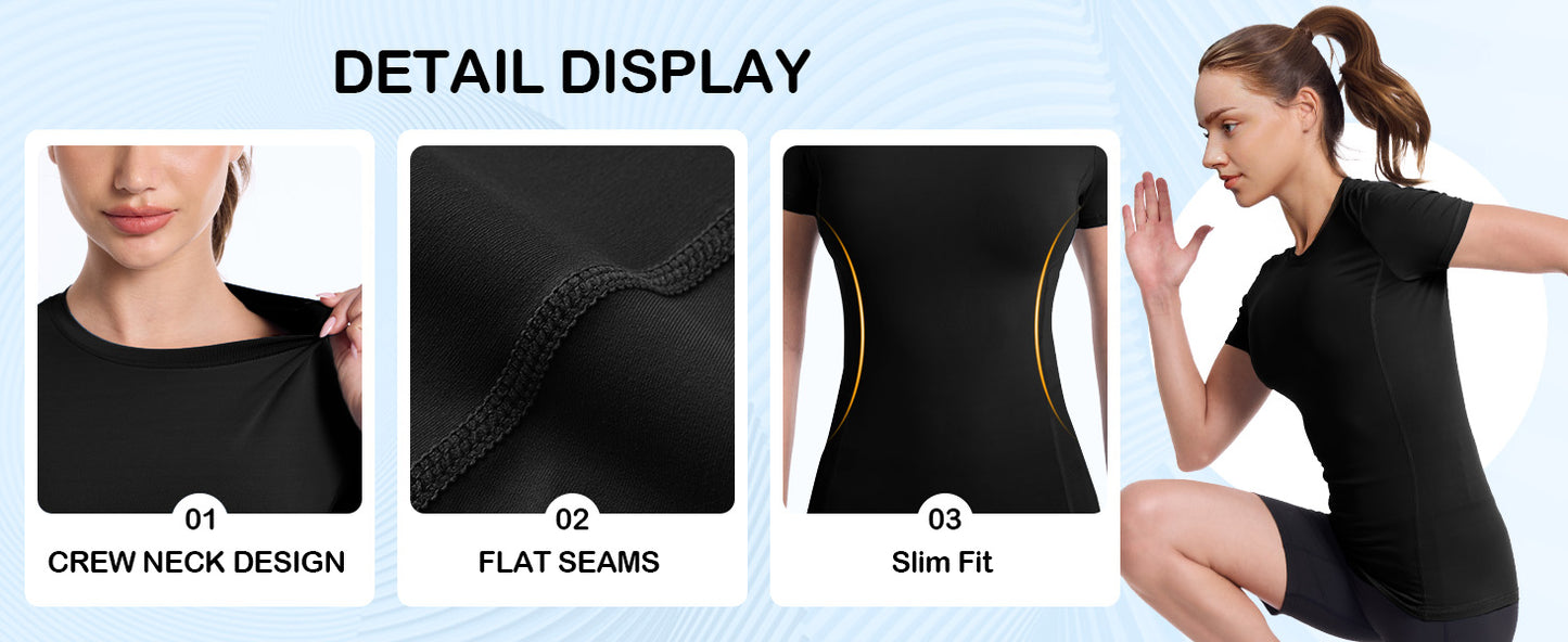 Roadbox Women's Compression Shirt, Slim Fit Short Sleeve Athletic Top, Workout Undershirt for Gym and Yoga