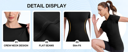 Roadbox Women's Compression Shirt, Slim Fit Short Sleeve Athletic Top, Workout Undershirt for Gym and Yoga