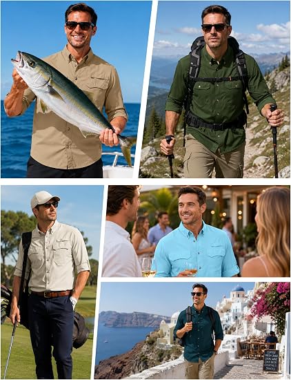 Roadbox Mens Long Sleeve Fishing Shirts, UPF 50+ Sun Protection Button Up